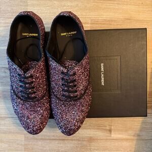 Saint Laurent YSL Glitter Lace-Up Oxford Shoes Size 40 Leather Unisex NIB COA
